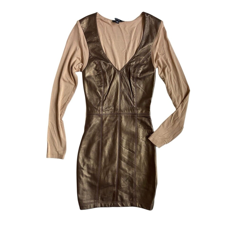 Sky Genuine Leather Bronze Deep V Bodycon‎ Mini Dress Size XS Clubwear Bratz NYE